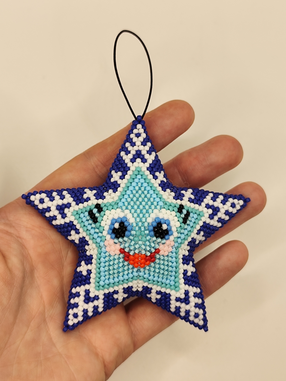 Handmade Blue Star Beaded Holiday Ornament - Smiling Face